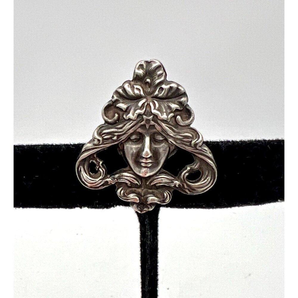 Antique Art Nouveau Sterling Silver Brooch Pin Repoussé Lady Goddess Face  925 - Picture 2 of 6
